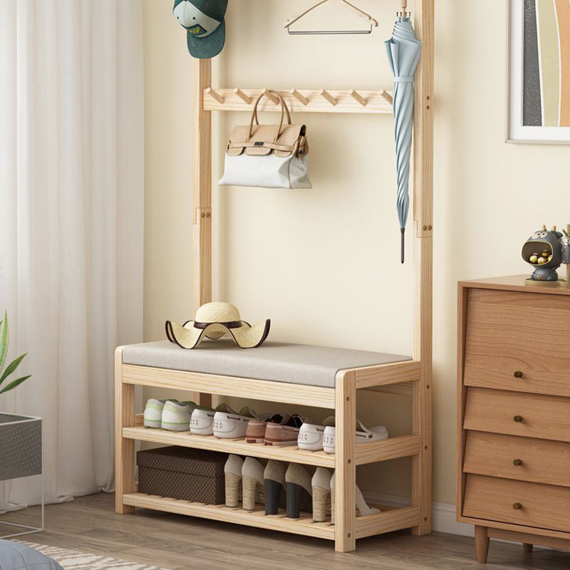 Modern Minimalist Solid Wood Linen Rectangular Shoe Bench 2-Tier Hall Tree For Entryway