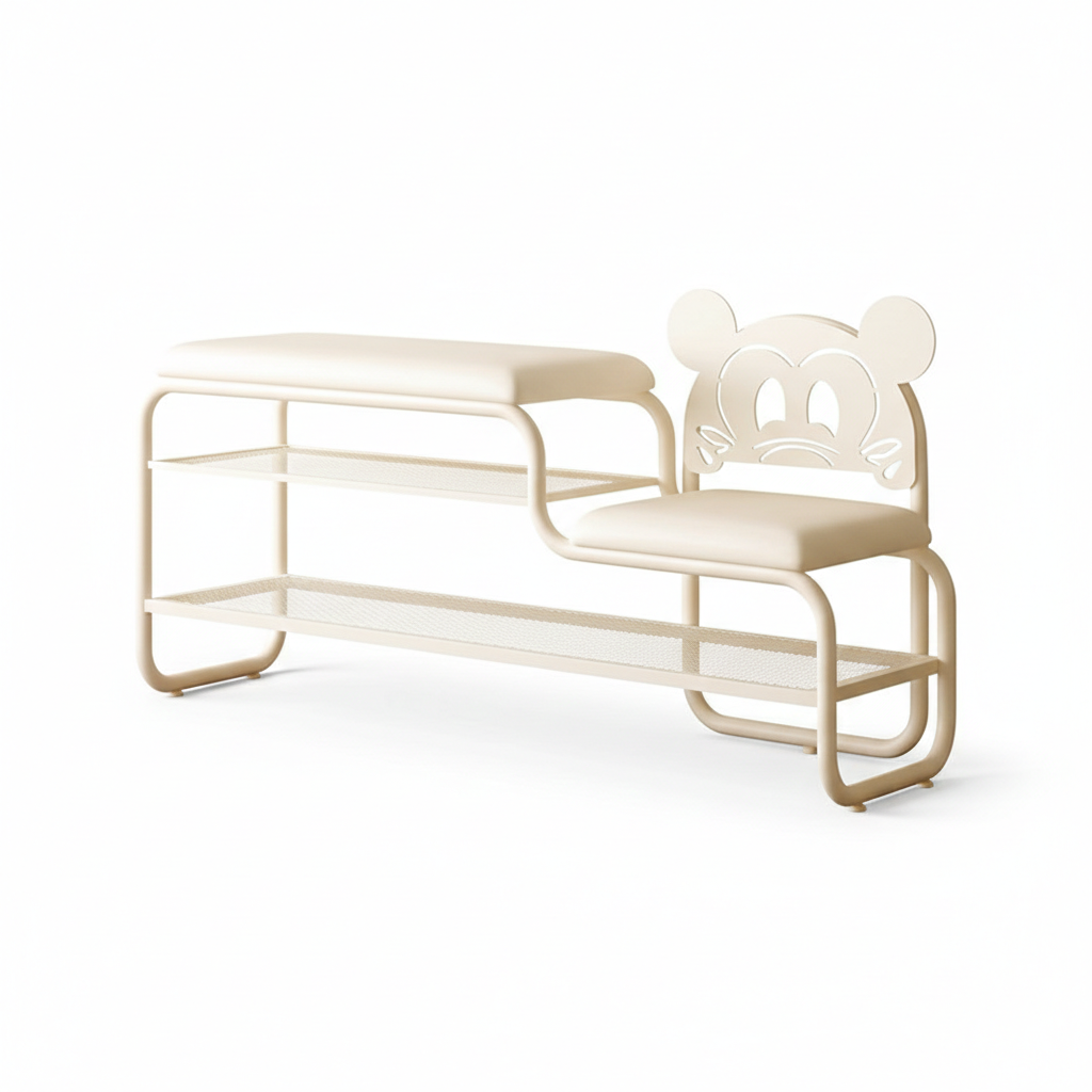 Contemporary Creative PU Leather Iron Rectangular Cartoon Shoe Bench 2-Tier Spacious Seat For Entryway