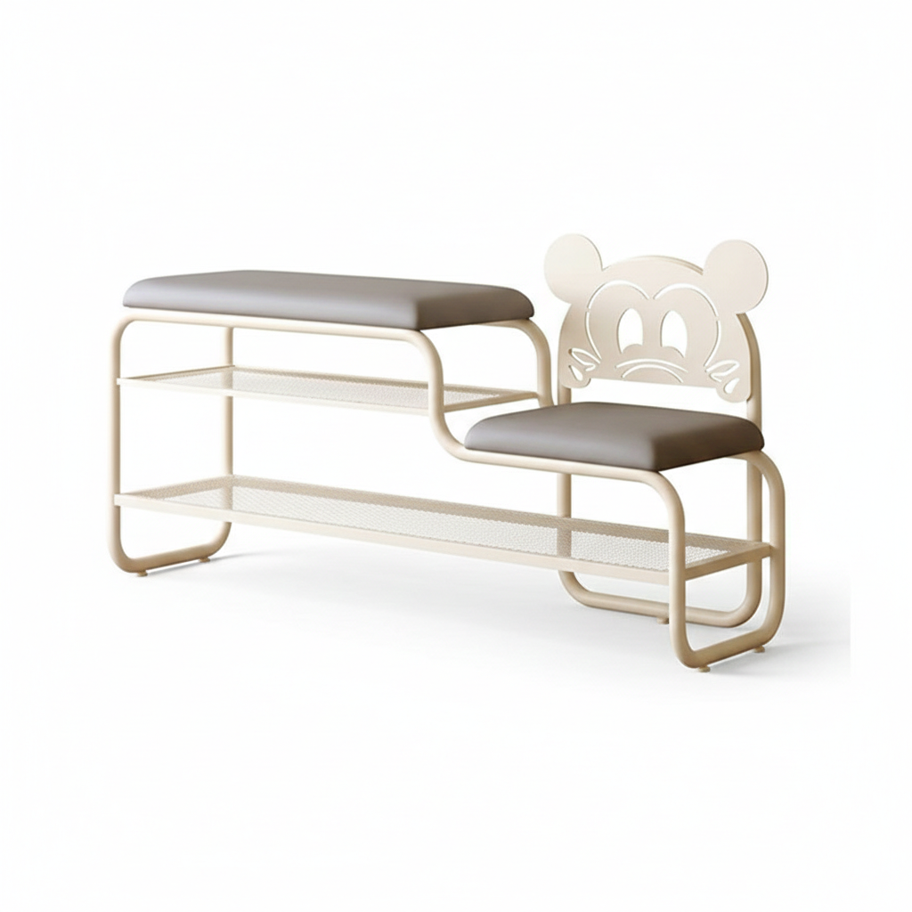 Contemporary Creative PU Leather Iron Rectangular Cartoon Shoe Bench 2-Tier Spacious Seat For Entryway