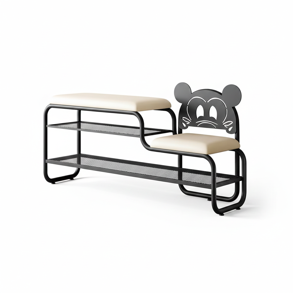Contemporary Creative PU Leather Iron Rectangular Cartoon Shoe Bench 2-Tier Spacious Seat For Entryway