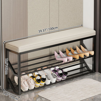 Modern Minimalist Faux Leather Steel Rectangular Shoe Bench 2-Tier Storage For Entryway