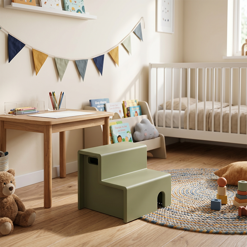 Beech Wood Cherry Wood Stable 2-Step Toddler Stool Kids Footstool - Nordic Stool With Rounded Corners & Easy-Carry Handles For Living Room