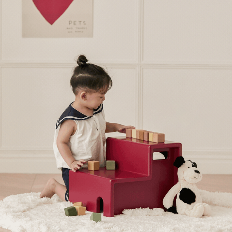 Beech Wood Cherry Wood Stable 2-Step Toddler Stool Kids Footstool - Nordic Stool With Rounded Corners & Easy-Carry Handles For Living Room
