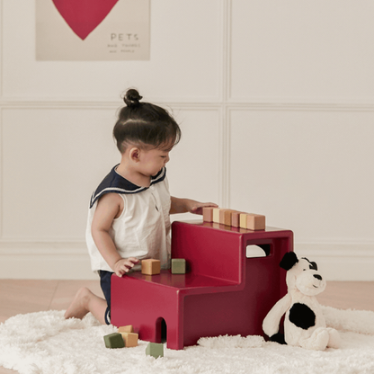 Beech Wood Cherry Wood Stable 2-Step Toddler Stool Kids Footstool - Nordic Stool With Rounded Corners & Easy-Carry Handles For Living Room