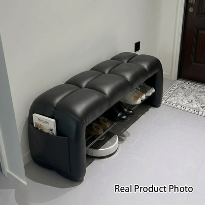 Contemporary Nordic Faux Nappa Leather Iron Plywood Rectangular Storage Shoe Bench With Compartment Design For Entryway