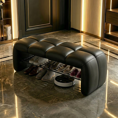 Contemporary Nordic Faux Nappa Leather Iron Plywood Rectangular Storage Shoe Bench With Compartment Design For Entryway