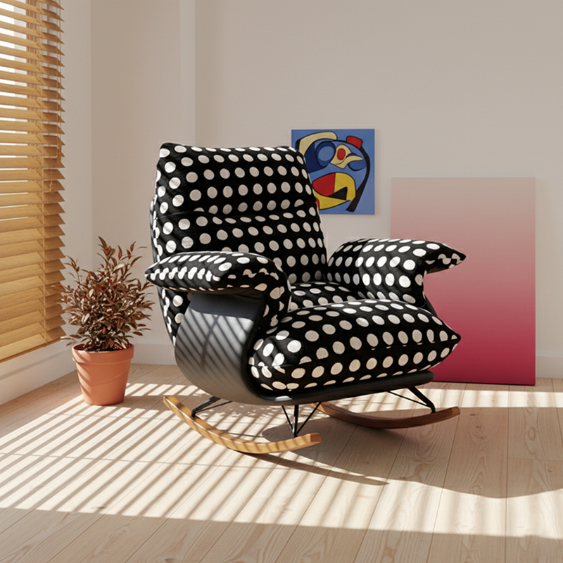 Modern Mid-Century Fabric Faux Leather Iron Wood Polka Dot Rocking Chair Backrest Armrest For Living Room