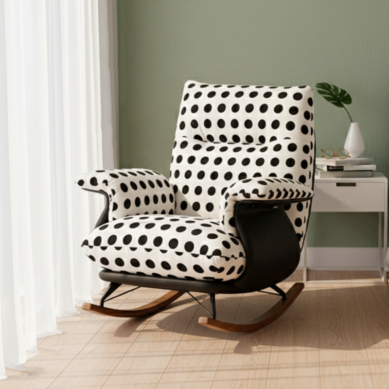 Modern Mid-Century Fabric Faux Leather Iron Wood Polka Dot Rocking Chair Backrest Armrest For Living Room