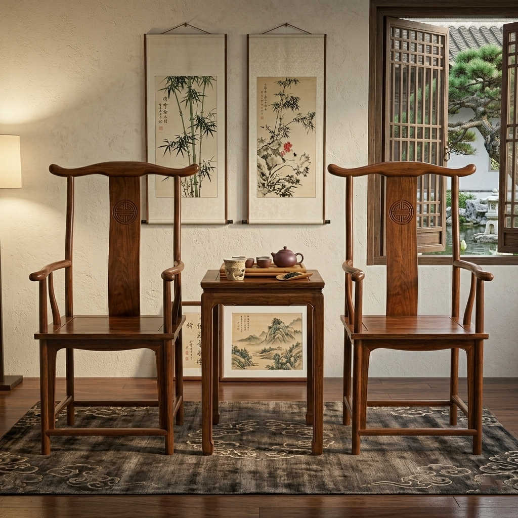Traditional Chinese Rubberwood Plywood Official's Hat Dining Chair Armrest For Dining Room
