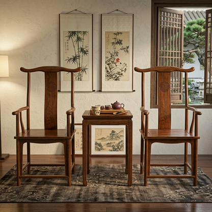 Traditional Chinese Rubberwood Plywood Official's Hat Dining Chair Armrest For Dining Room
