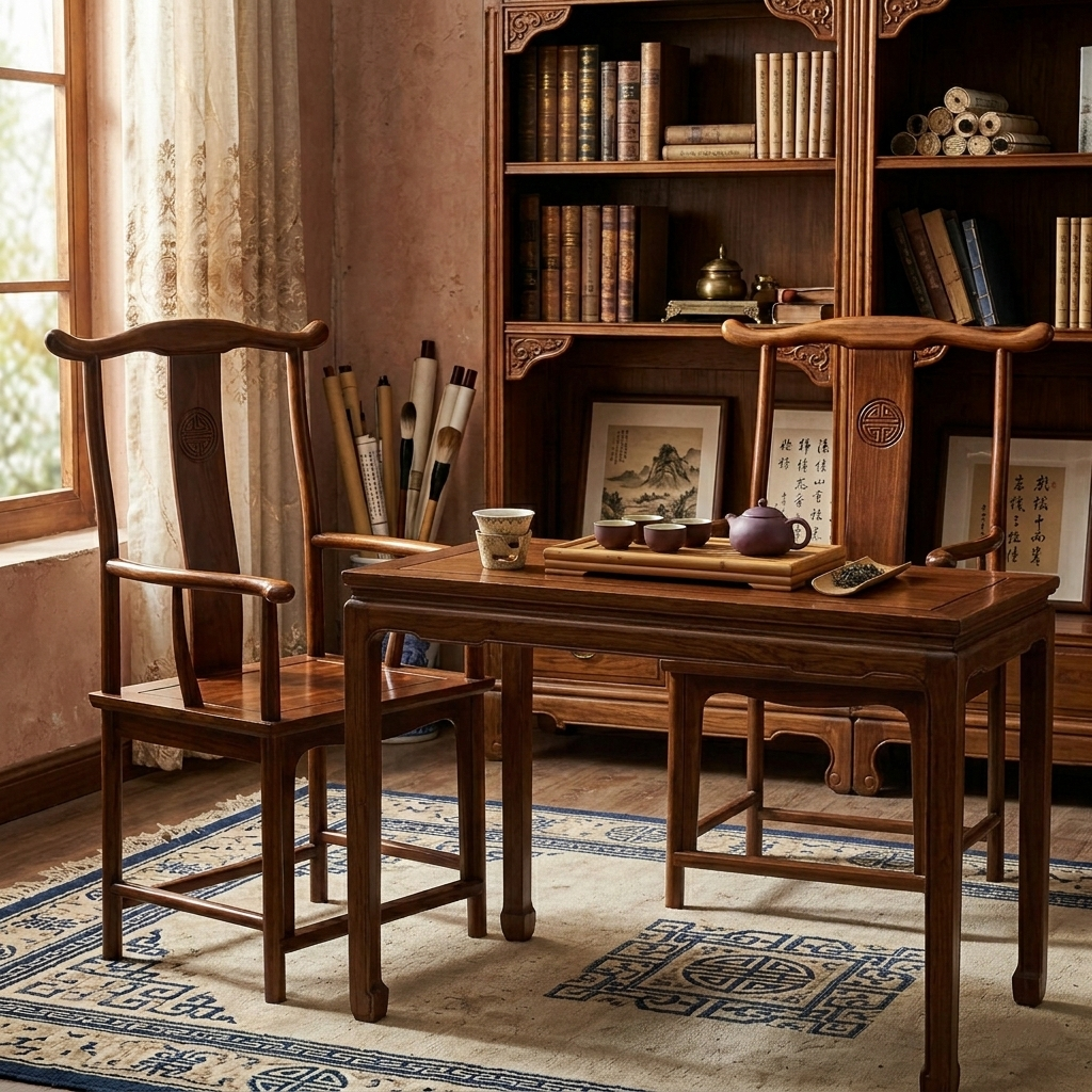 Traditional Chinese Rubberwood Plywood Official's Hat Dining Chair Armrest For Dining Room