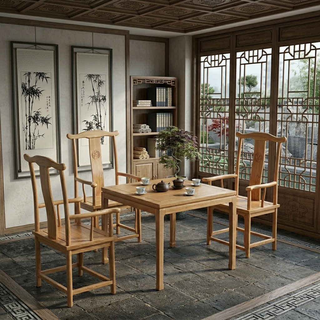 Traditional Chinese Rubberwood Plywood Official's Hat Dining Chair Armrest For Dining Room