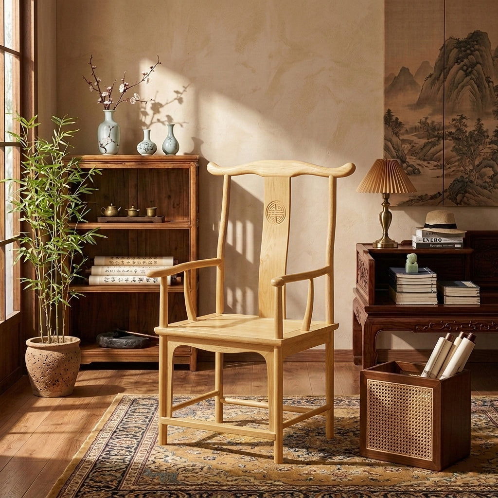 Traditional Chinese Rubberwood Plywood Official's Hat Dining Chair Armrest For Dining Room