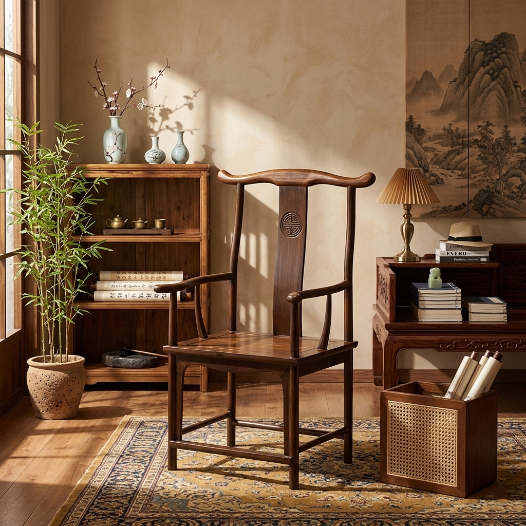 Traditional Chinese Rubberwood Plywood Official's Hat Dining Chair Armrest For Dining Room