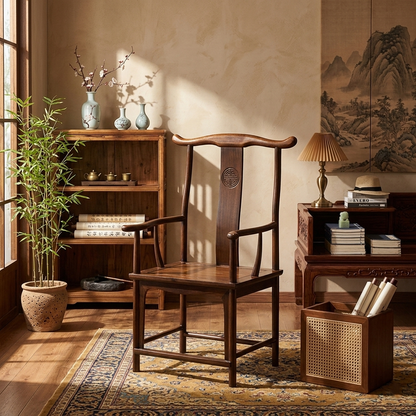 Traditional Chinese Rubberwood Plywood Official's Hat Dining Chair Armrest For Dining Room