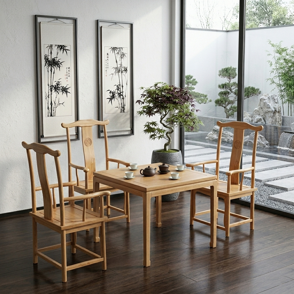 Traditional Chinese Rubberwood Plywood Official's Hat Dining Chair Armrest For Dining Room
