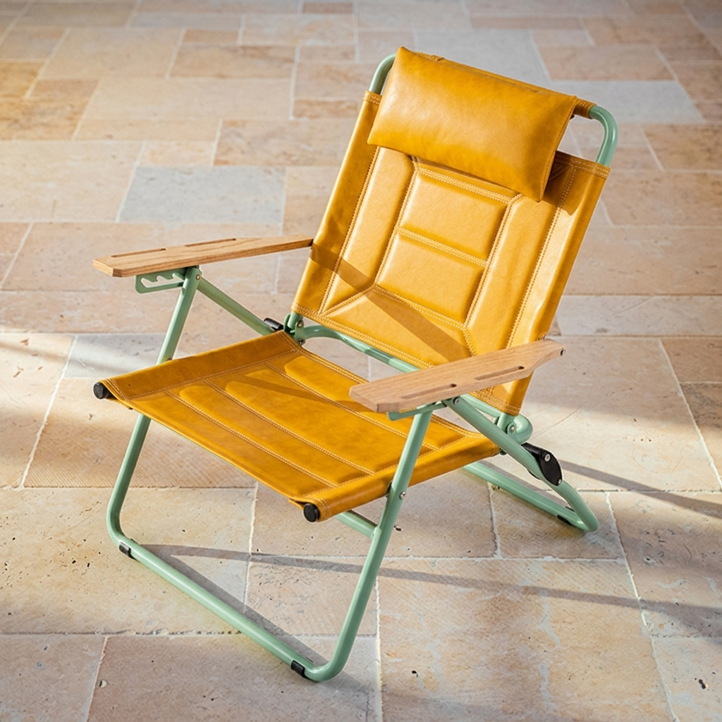 Luxury Microfiber Leather Folding Camping Chair - 4-Position Adjustable Recliner With Oak Armrests For Outdoor Patio