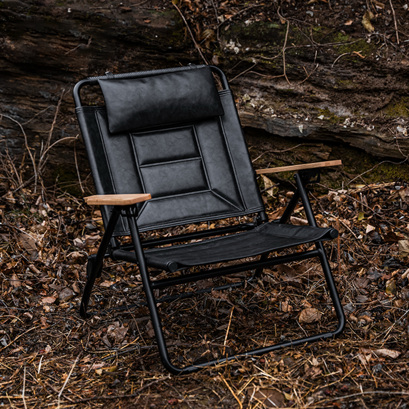 Luxury Microfiber Leather Folding Camping Chair - 4-Position Adjustable Recliner With Oak Armrests For Outdoor Patio