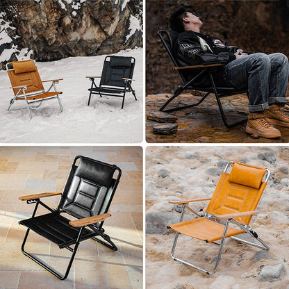 Luxury Microfiber Leather Folding Camping Chair - 4-Position Adjustable Recliner With Oak Armrests For Outdoor Patio