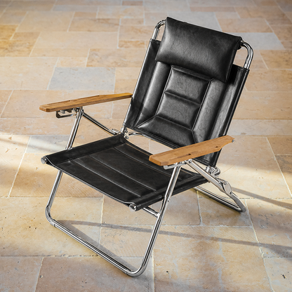 Luxury Microfiber Leather Folding Camping Chair - 4-Position Adjustable Recliner With Oak Armrests For Outdoor Patio