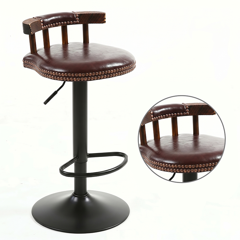 Contemporary Luxury Round Faux Oil-Waxed Leather Iron Bar Stool Backrest Footrest For Dining Room