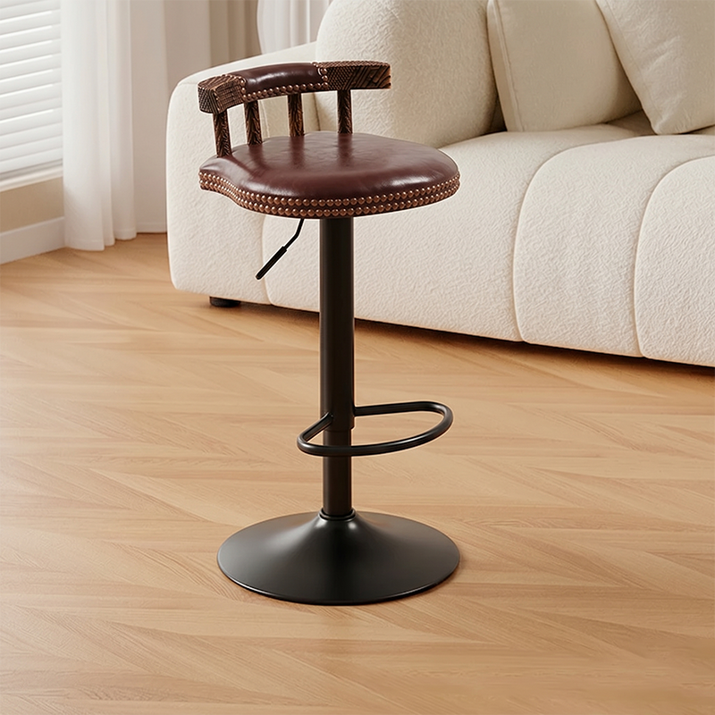 Contemporary Luxury Round Faux Oil-Waxed Leather Iron Bar Stool Backrest Footrest For Dining Room
