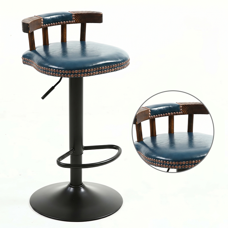 Contemporary Luxury Round Faux Oil-Waxed Leather Iron Bar Stool Backrest Footrest For Dining Room
