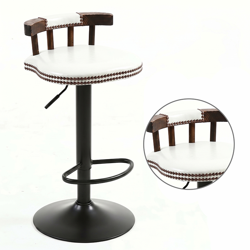 Contemporary Luxury Round Faux Oil-Waxed Leather Iron Bar Stool Backrest Footrest For Dining Room