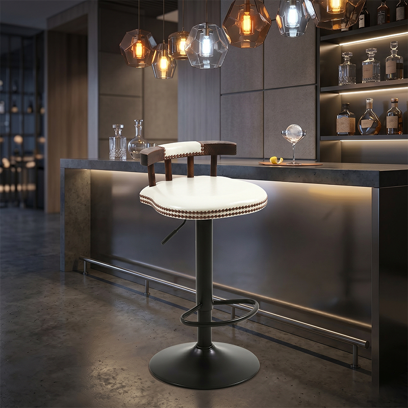 Contemporary Luxury Round Faux Oil-Waxed Leather Iron Bar Stool Backrest Footrest For Dining Room