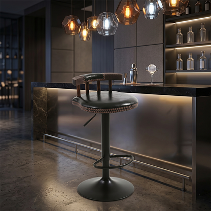 Contemporary Luxury Round Faux Oil-Waxed Leather Iron Bar Stool Backrest Footrest For Dining Room