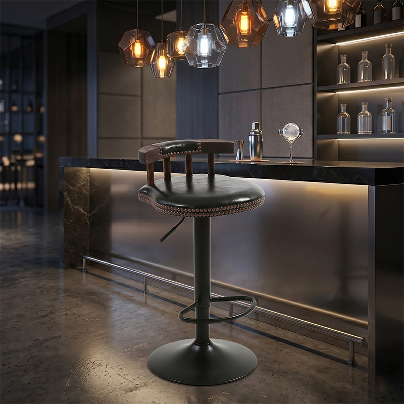 Contemporary Luxury Round Faux Oil-Waxed Leather Iron Bar Stool Backrest Footrest For Dining Room