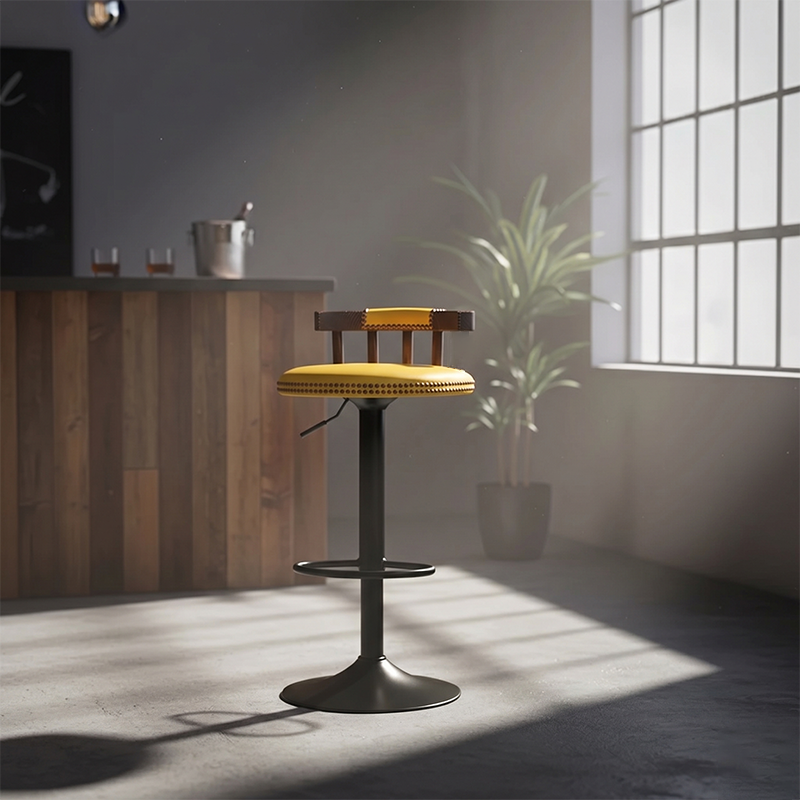 Contemporary Luxury Round Faux Oil-Waxed Leather Iron Bar Stool Backrest Footrest For Dining Room