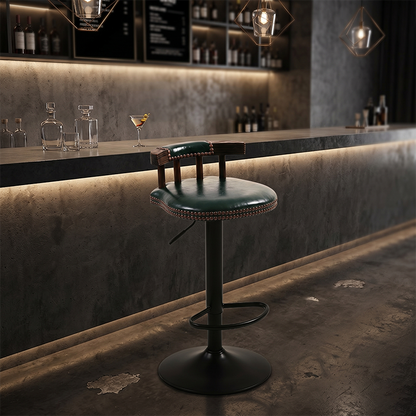 Contemporary Luxury Round Faux Oil-Waxed Leather Iron Bar Stool Backrest Footrest For Dining Room