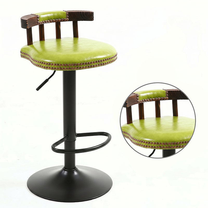 Contemporary Luxury Round Faux Oil-Waxed Leather Iron Bar Stool Backrest Footrest For Dining Room