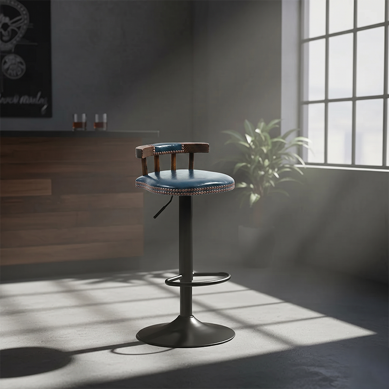 Contemporary Luxury Round Faux Oil-Waxed Leather Iron Bar Stool Backrest Footrest For Dining Room