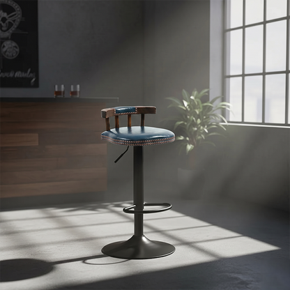 Contemporary Luxury Round Faux Oil-Waxed Leather Iron Bar Stool Backrest Footrest For Dining Room