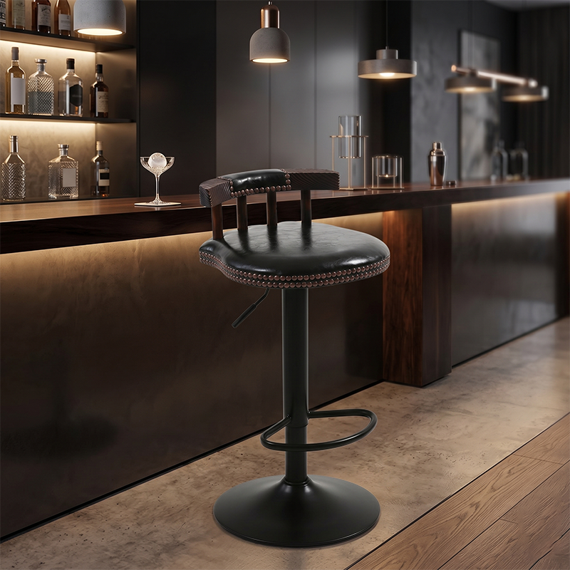 Contemporary Luxury Round Faux Oil-Waxed Leather Iron Bar Stool Backrest Footrest For Dining Room