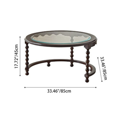 Traditional French Round Solid Wood Multi-Layer Plate Glass Coffee Table 2-Tier For Living Room