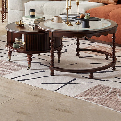 Traditional French Round Solid Wood Multi-Layer Plate Glass Coffee Table 2-Tier For Living Room