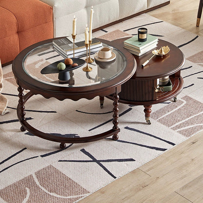 Traditional French Round Solid Wood Multi-Layer Plate Glass Coffee Table 2-Tier For Living Room