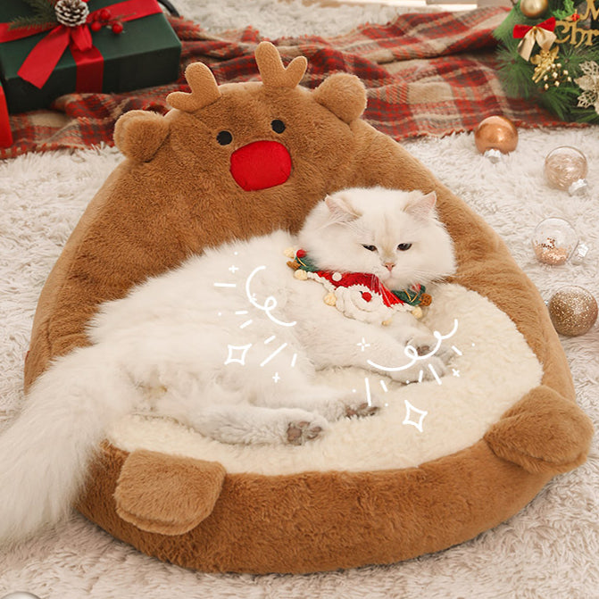 Contemporary Creative Christmas Reindeer-Shaped Cashmere Pet Cat Bed Backrest Armless For Living Room