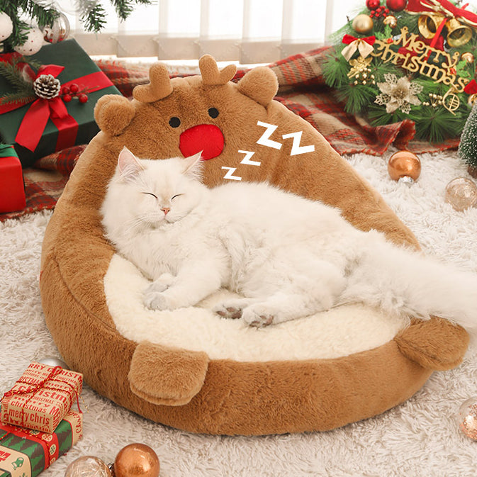 Contemporary Creative Christmas Reindeer-Shaped Cashmere Pet Cat Bed Backrest Armless For Living Room