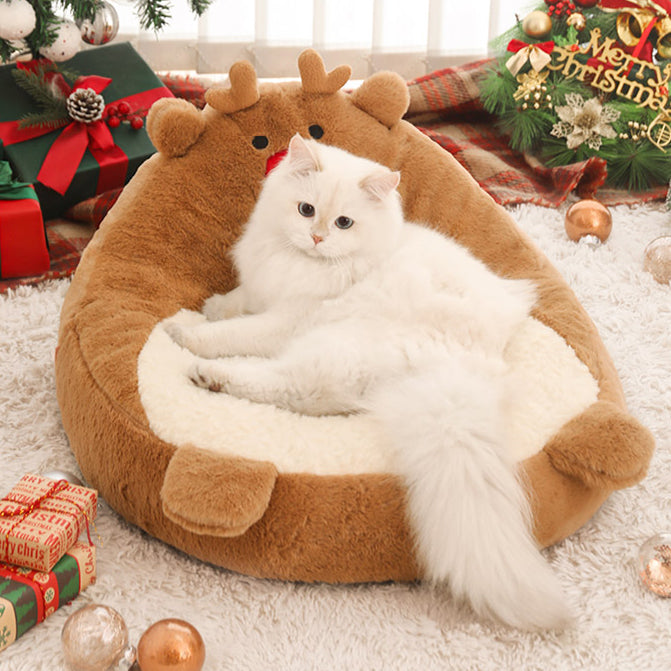 Contemporary Creative Christmas Reindeer-Shaped Cashmere Pet Cat Bed Backrest Armless For Living Room