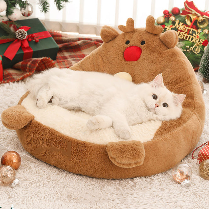 Contemporary Creative Christmas Reindeer-Shaped Cashmere Pet Cat Bed Backrest Armless For Living Room