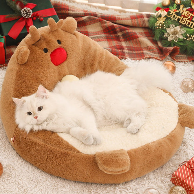 Contemporary Creative Christmas Reindeer-Shaped Cashmere Pet Cat Bed Backrest Armless For Living Room