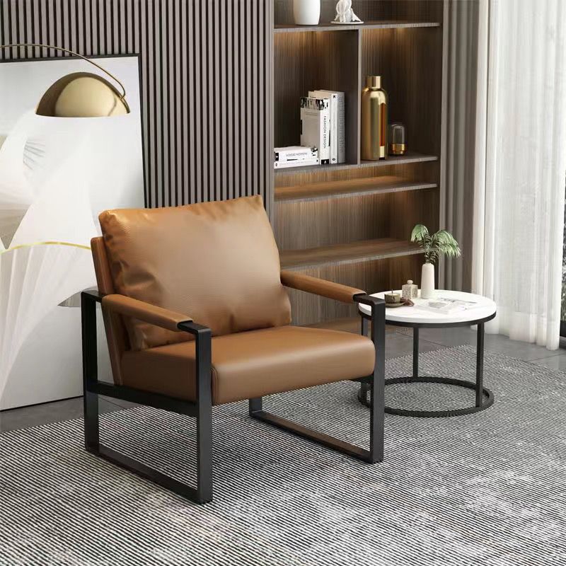 Contemporary Scandinavian Rectangular Faux Nappa Leather Synthetic Fabric Carbon Steel Accent Chair Backrest Armrest For Living Room