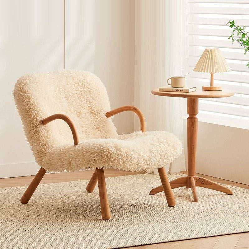 Modern Minimalist Rectangular Sherpa Fabric Solid Wood Accent Chair Backrest Armrest For Living Room