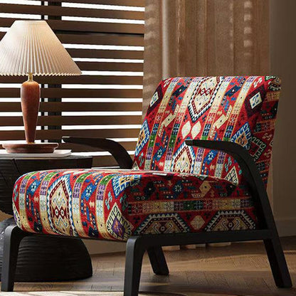 Traditional Vintage Rectangular Jacquard Fabric Solid Wood Accent Chair Backrest Armrest For Living Room