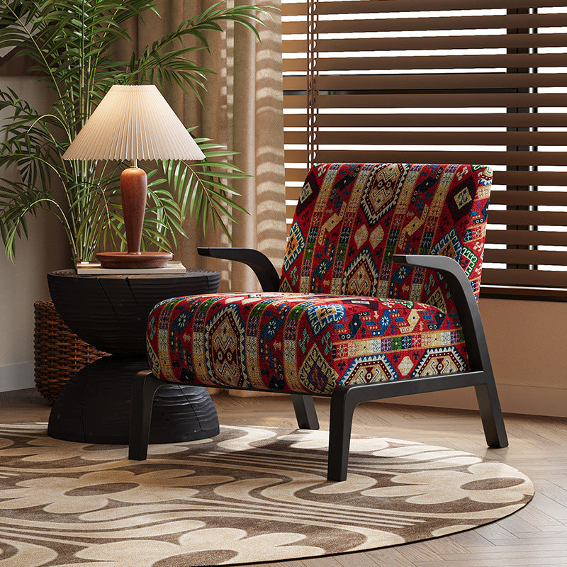 Traditional Vintage Rectangular Jacquard Fabric Solid Wood Accent Chair Backrest Armrest For Living Room