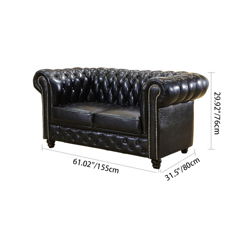 Traditional Vintage Rectangular Faux Oil-Waxed Leather Solid Wood Sofa Backrest Armrest For Living Room